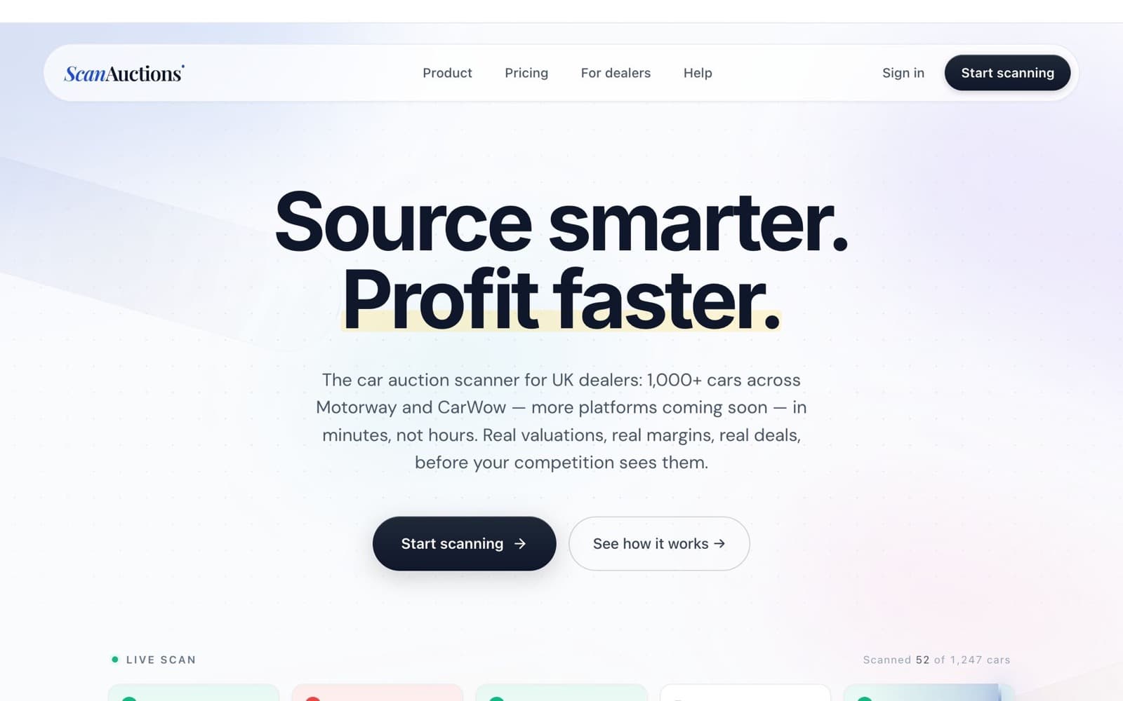 The live Scan Auctions website showing its Source smarter, Profit faster proposition