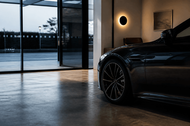 A dark car waiting inside a quiet showroom before opening