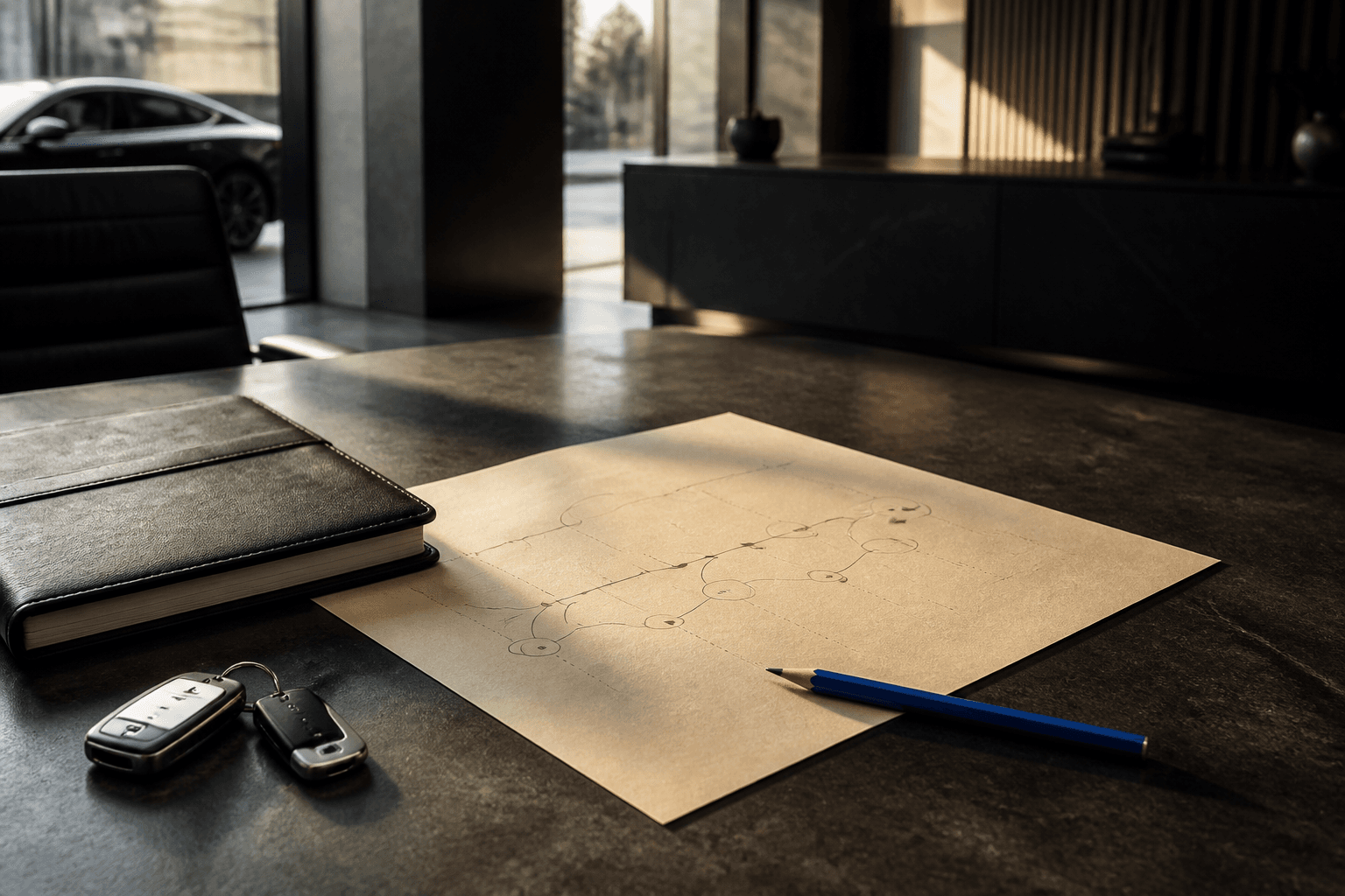 A dealership office desk with a journey map, notebook, pencil and car keys